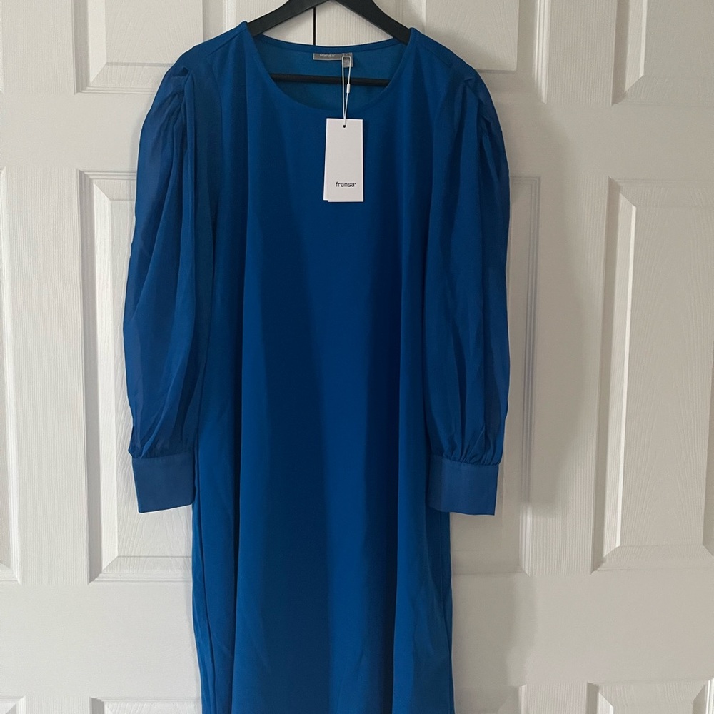 Blue Ribbed Sheath Dress with Bishop Sleeves